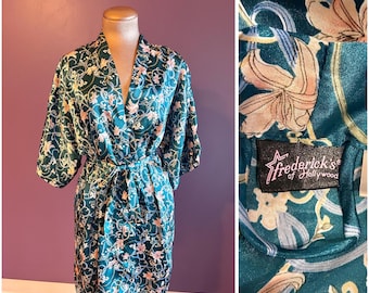 Vintage 00s Elegant Fredericks of Hollywood Turquoise Lily Patterned Robe S M