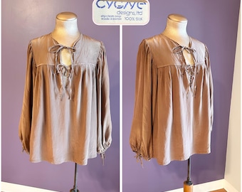 Vintage 90-tals Cygne Designs siden långärmad brun löst sittande blus M