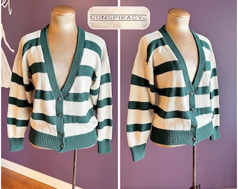 Vintage 80s Conspiracy Striped Beige and Green Button Up Cardigan Sweater M