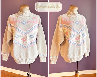 Maglione vintage anni '80 Robert Scott Ltd in cotone beige a maniche lunghe con collo alto e fiori L