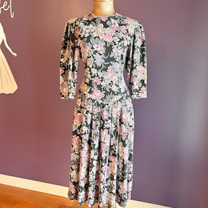 Vintage 80s Paquette Too! Floral Pink and Gray Dress