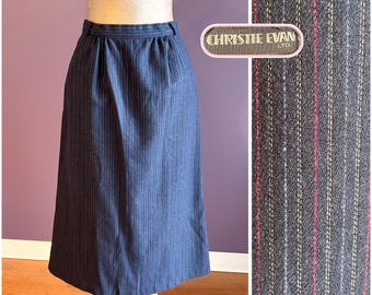 Vintage 80s Christie Evan Navy Blue Striped Wool Skirt with Belt Loops and Pockets S