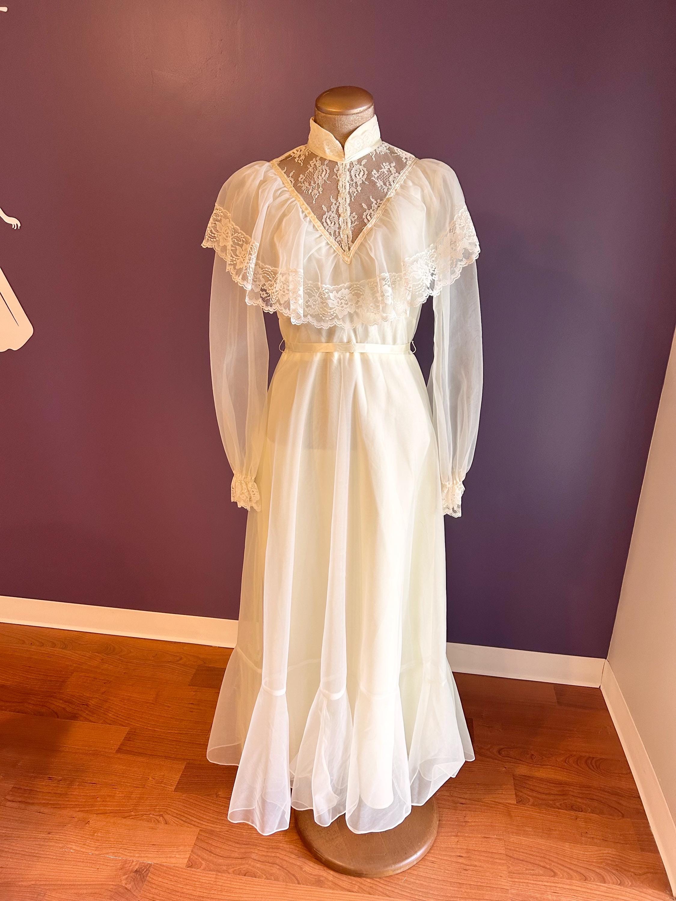 Vintage 70s Helen Joy White Edwardian Style Long Sleeve Turtleneck Wedding Gown