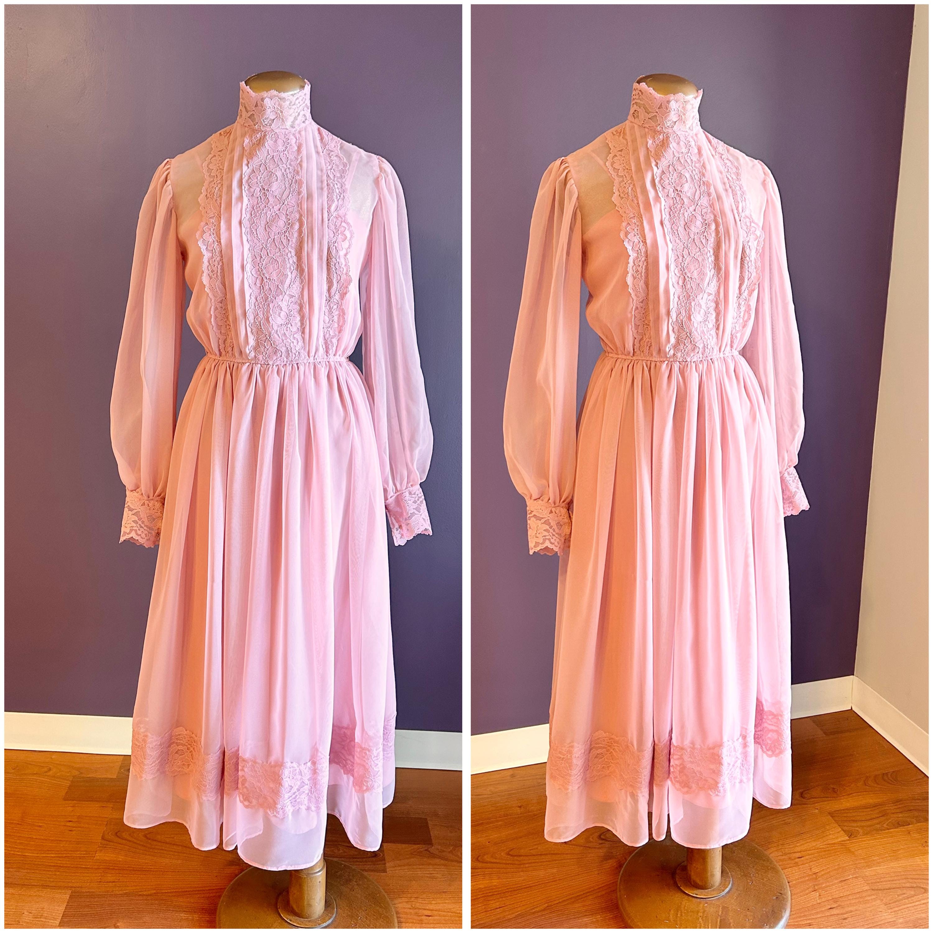 Pink 70s Dress Long Sleeve Lace - Etsy