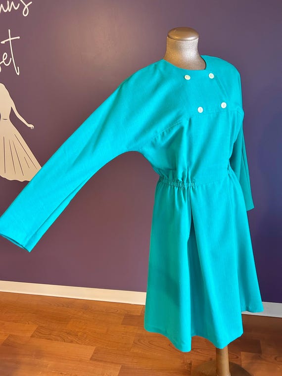 Vintage 80s Beautiful Depeche Mode Turquoise Long Sleeve Button Dress M L View 4
