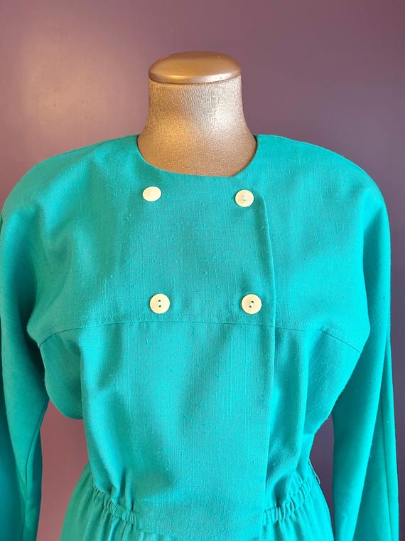 Vintage 80s Beautiful Depeche Mode Turquoise Long Sleeve Button Dress M L View 3