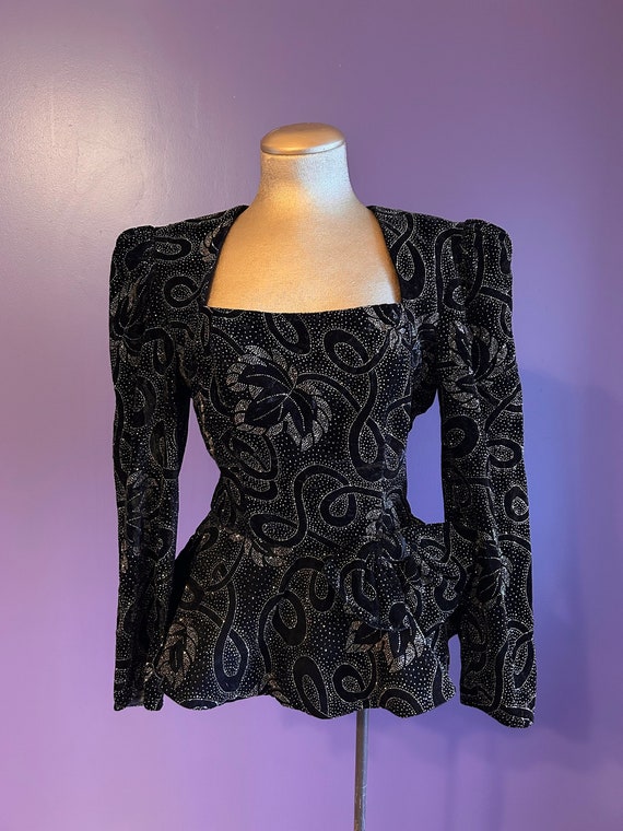 Vintage 80s Patra Black & Gold Velvet Blouse