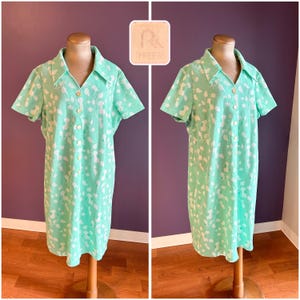 Vintage 70s Three R’s Teal and White Leafy Patterned Button Up Collared Dress XL XXL