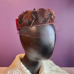 Vintage 60s Brown & Red Ribbon Elegant Formal Hat