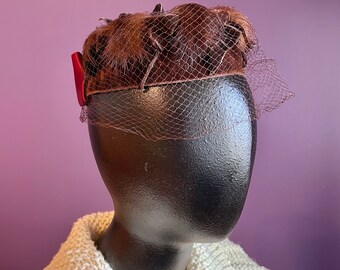 Vintage 60s Brown & Red Ribbon Elegant Formal Hat