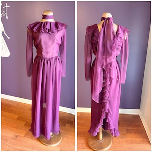purple scarf dress ASOS DESIGN satin one sleeve scarf neck maxi dress in purple