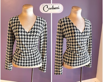 Vintage 00s Carducci Beige and Black Houndstooth Formal V Neck Blouse Top M
