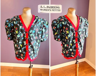 Vintage 80s S.L. Fashions Black and Multicolor Short Sleeve Button Up Formal Cotton Blouse with Flowers XXL 3X
