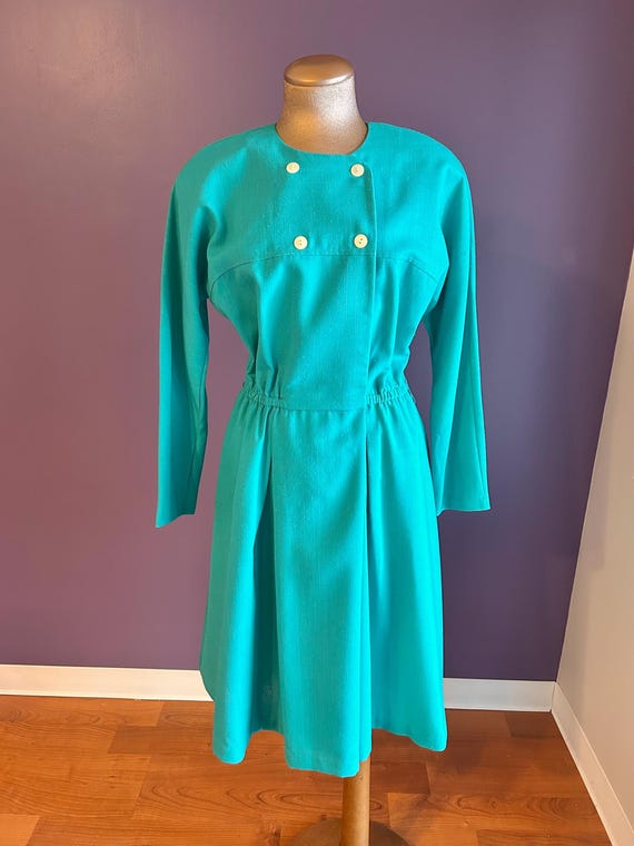 Vintage 80s Beautiful Depeche Mode Turquoise Long Sleeve Button Dress M L View 2