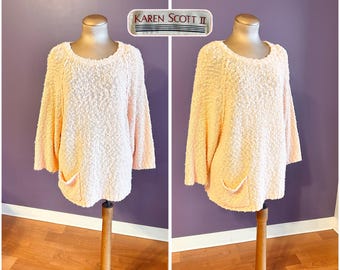Suéter vintage Karen Scott II con textura color melocotón y bolsillo pequeño, años 80, talla L y XL