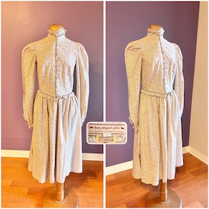 May include: A floral print dress with long sleeves and a high collar. The dress has a fitted bodice and a flared skirt. The dress is displayed on a mannequin. The dress is from Aunt Abigail's Attic.