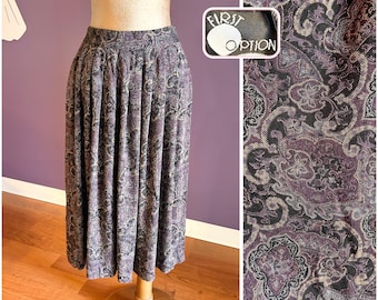 Vintage 90s First Option Black and Purple Beautiful Rayon Skirt M