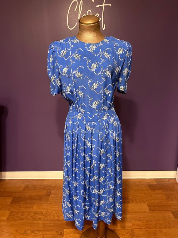 Vintage 80s Karin Stevens Blue Floral Patterned D… - image 1