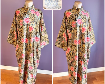 Vintage 80s Ashley Taylor Brown and Black Leopard Print Zip Up Nightgown with Roses XXL