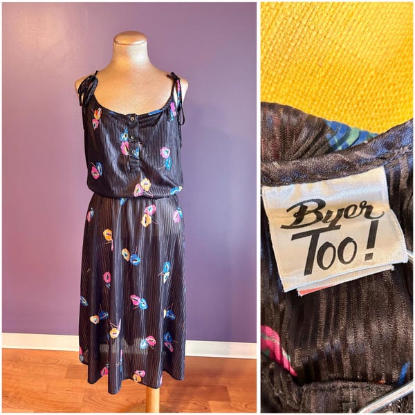 Vintage 70s Byer Too! Black Spaghetti Strap Floral Mesh Dress S M