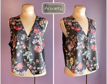 Vintage 90s Anxiety Black and Multicolor Floral Patterned Button Up Vest M