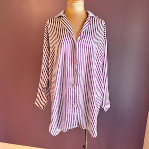 Vintage 90s Victorias Secret White and Purple Striped Long Sleeve Sleep Shirt