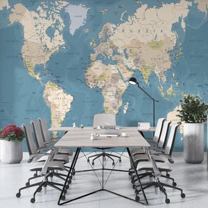 World Map Mural, Large Map Wall Decal, Removable Map Wallpaper, Blue Color Map, World Map Wall Mural Modern Home Decor For Living Room