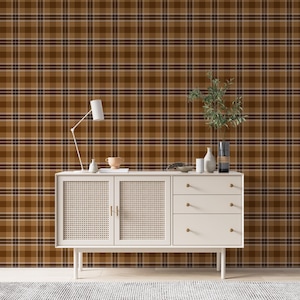 Honey brown Traditional Plaid Wallpaper, Farmhouse Tartan Removable Pre-Pasted Wallpaper, Diy Peel and Stick Faux Woven Wallpaper