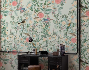 Soft Green Botanical Bird Wallpaper – Vintage Floral Mural, Botanical Art