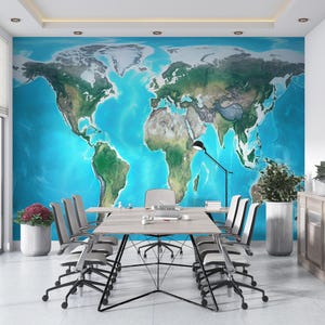 Papier peint carte du monde, pays détaillés et frontières politiques, décoration murale, topographie, impression d'art, cadeau unique, papier peint bleu carte, carte du monde