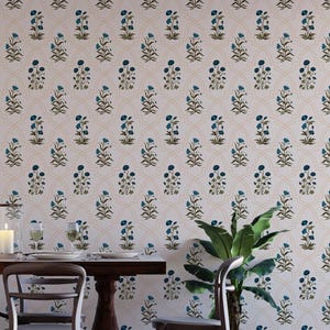 Vintage Farmhouse Inspired Botanical Stripe Peel and Stick Wallpaper - Green Stripe with Whimsical Blue Flowers - Self adhesive Wallpaper