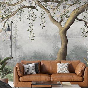 The Tree Wallpaper, Green White Leaves and Flowers Tree Branches Wallpaper, Flowering Willow Tree Bedroom Wallpaper Mural, Peel and Stick