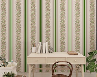 Peel-and-Stick-behang Farmhouse Botanical Stripe: groen en roze