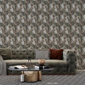 Große Vintage Tapete mit Blättern, Botanische Wandkunst, Dense Jungle Tapete, Stimmungsvolle Tapete, Grüne und Braune Blätter, Retro Wanddeko