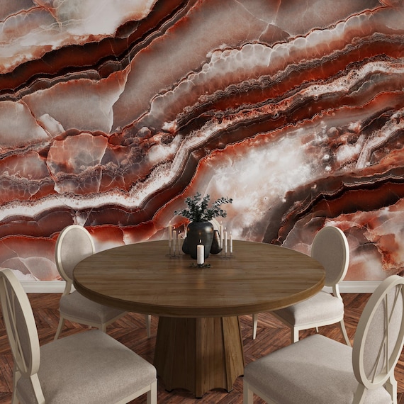 Burgundy Marble Effect Wallpaper, Luxury Abstract Textile Wall Mural