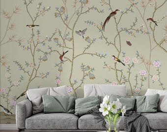 Chinoiserie Wallpaper, Sage Green Bird and Floral Wall Mural, Vintage Botanical Garden