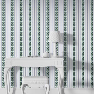 Vintage Farmhouse Inspired Botanical Stripe Peel and Stick Wallpaper - Green Stripe with Whimsical Green Flowers - Self adhesive Wallpaper