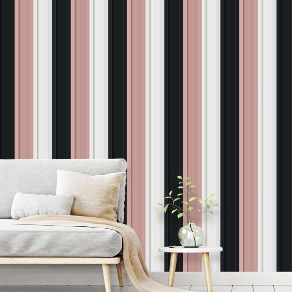 striped wallpaper, powder pink stripes, white black pale pink color, 3d stripes,  fun wallpaper, abstract vertical line, colorful lines