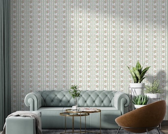 Peel-and-Stick-behang Farmhouse Botanical Stripe: groen en roze