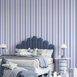 Coastal Blue Regency vertical Stripe Removable wallpaper .Elegant Light Blue Grandmillennial Peel and Stick wallpaper
