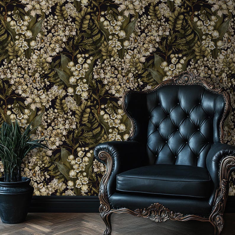Moody Black Floral Wallpaper: Gothic Botanical Home Decor - Etsy