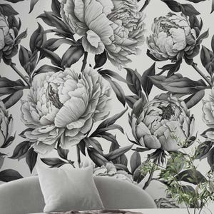 Peony Wallpaper Black and White, Peonies Wallpaper, Eco Friendly, Large Peony Floral Wallpaper Bedroom, Peony Flower Wallpaper Self Adhesive