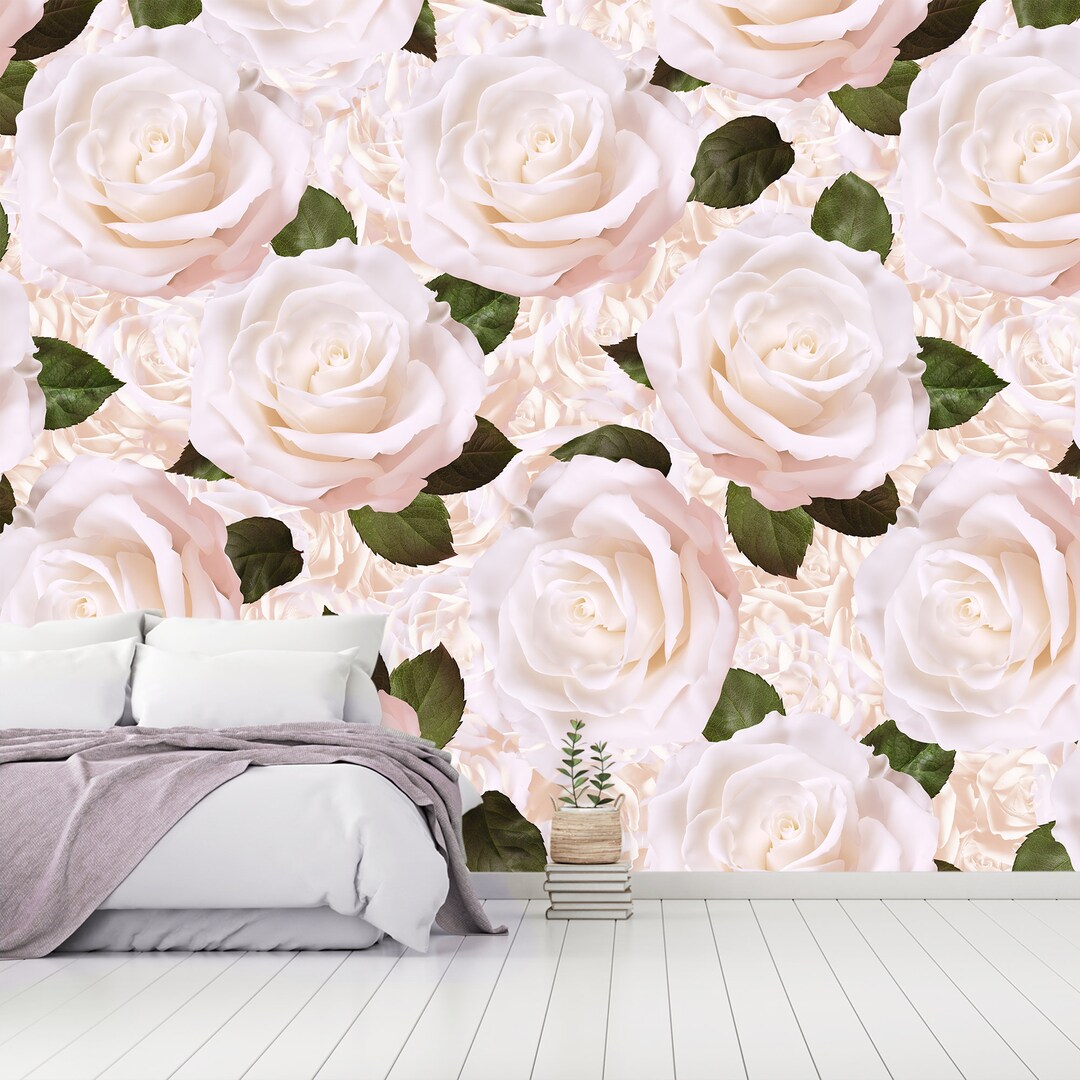 Rose Pattern Wallpaper White Cream Color Rose Petal Natural Etsy