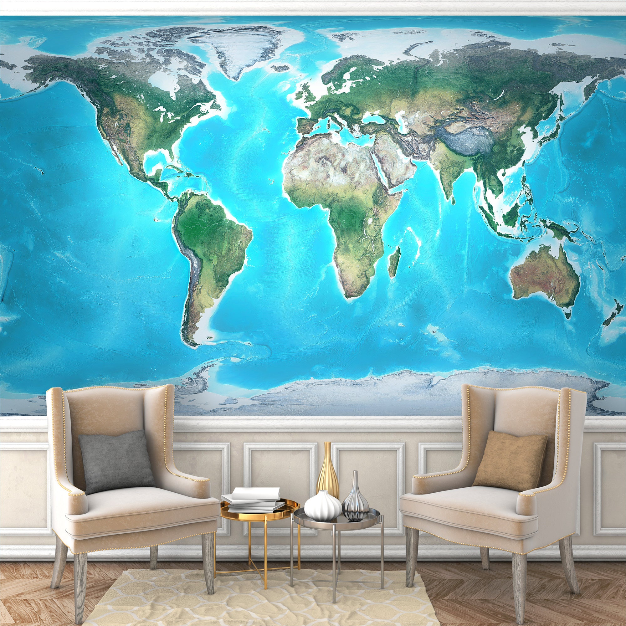 World Map Mural, Blue Color, Topographic Pattern, 3d Relief, World