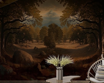 Dark Forest Landscape Wallpaper, Vintage Woodland Tree Mural, Moody Painterly Wall Decor