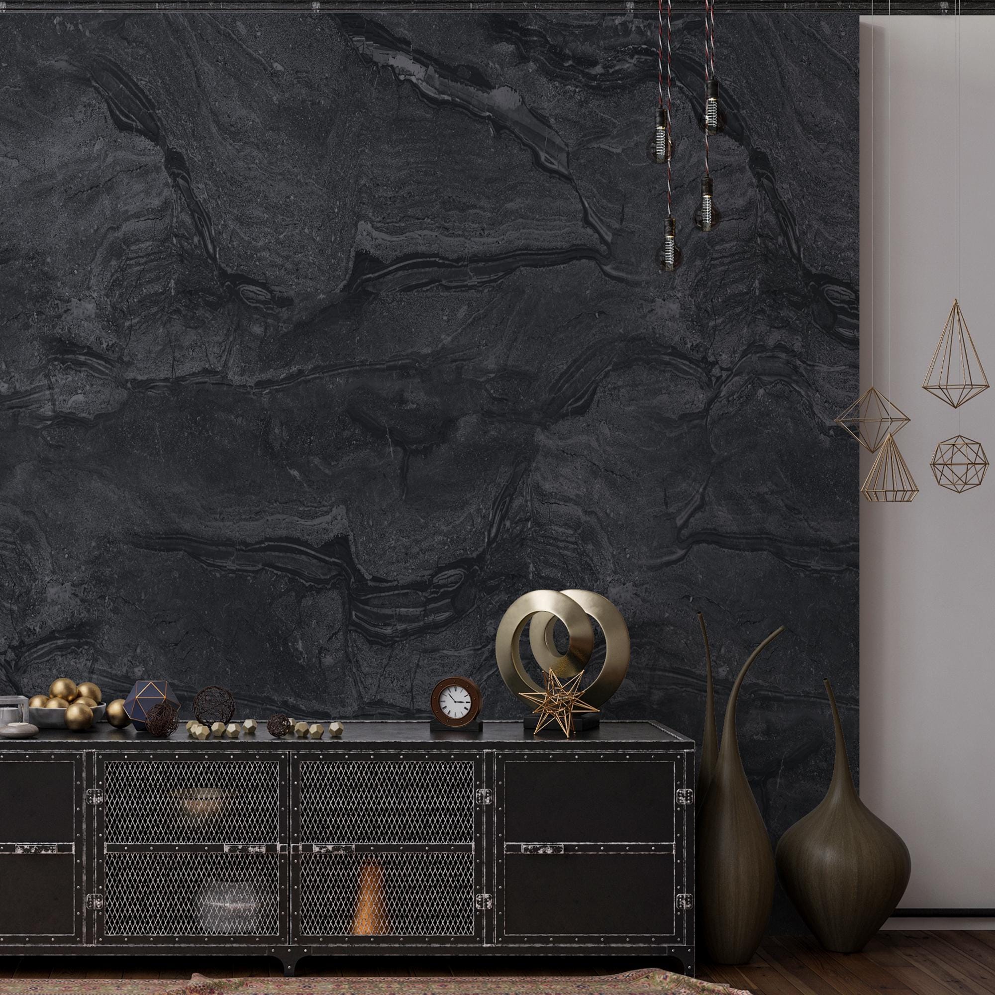 Black Marble Textured Wallpaper Dark Stone Wall Mural Etsy — free download