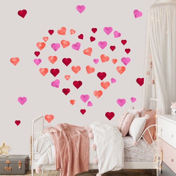 Red Pink Orange Hearts Wall Stickers,  Children Wall Sticker, Wall Decal,  Peel And Stick, Fabric Wallpaper Stick, Kids, Baby Room Decors