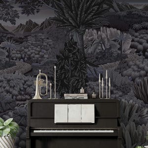 Papier peint floral noir maussade, décoration murale forêt enchantée, papier peint tapisserie forêt, papier peint jardin, papier peint botanique gothique