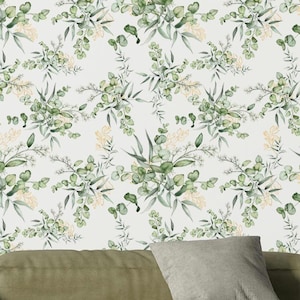 Leaf Pattern Wallpaper, Peel and Stick Green Eucalyptus Watercolor Floral Wall Mural,Removable Wallpaper, Home Decor