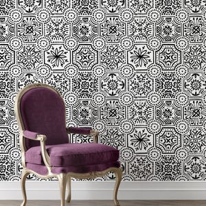 Carta da parati adesiva con piastrelle marocchine nere, carta da parati autoadesiva minimalista, arte murale, carta da parati con piastrelle geometriche, murale in stile marocchino